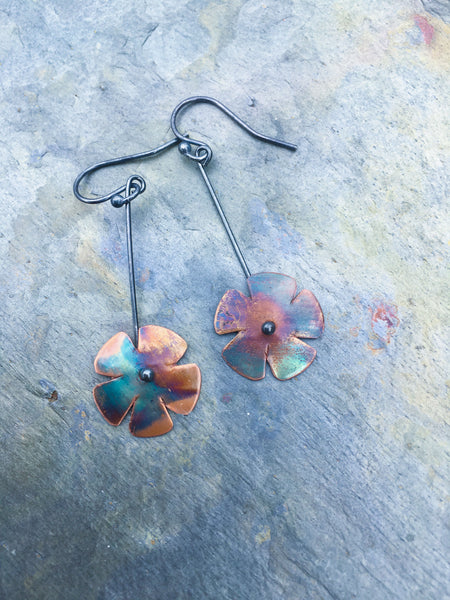 firepainted earrings, copper earrings, flame painted copper earrings, flame painted earrings, flame painted jewelry, firepainted jewelry, firepainted copper earrings, wildflower earrings, flower earrings