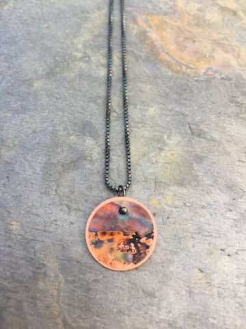 firepainted necklace, copper necklace, flame painted copper necklace, flame painted necklace, flame painted jewelry, firepainted jewelry, firepainted copper necklace, landscape necklace, desert necklace, sunset necklace