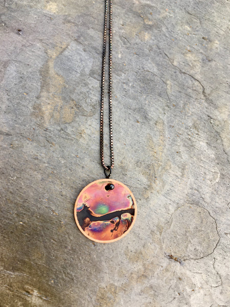 firepainted necklace, copper necklace, flame painted copper necklace, flame painted necklace, flame painted jewelry, firepainted jewelry, firepainted copper necklace, sunset necklace, landscape necklace